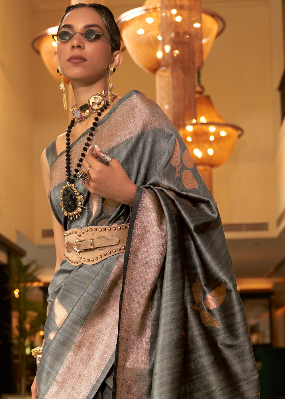 Charcoal Grey Zari Woven Handloom Weaving Silk Saree Clothsvilla
