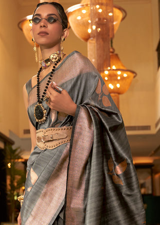 Charcoal Grey Zari Woven Handloom Weaving Silk Saree Clothsvilla