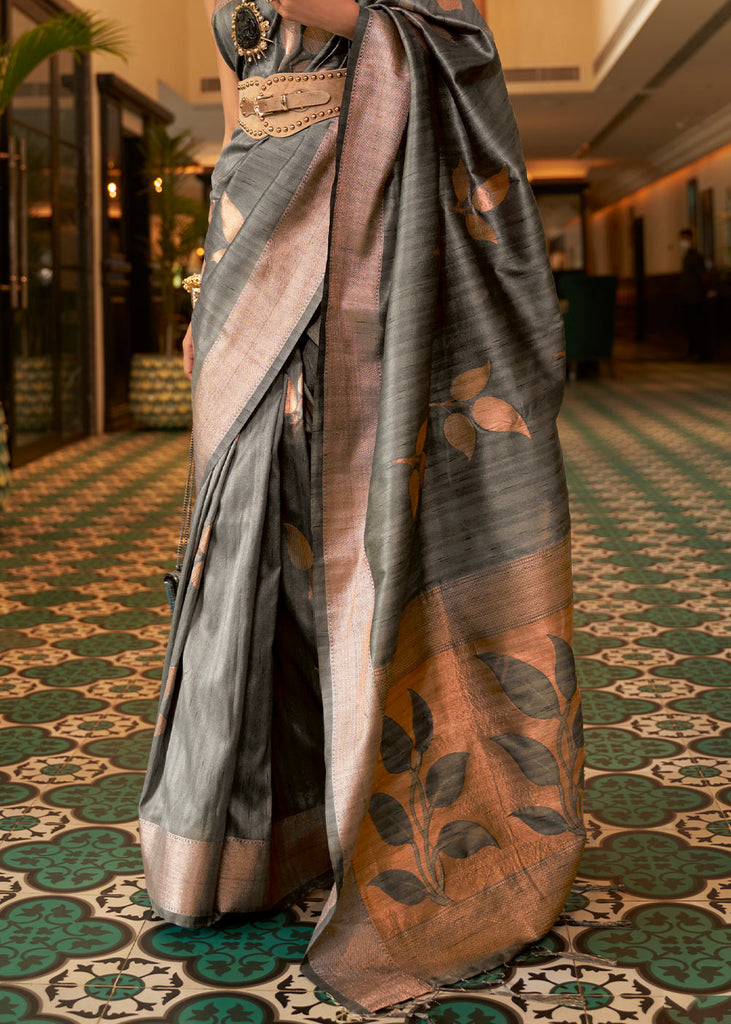 Charcoal Grey Zari Woven Handloom Weaving Silk Saree Clothsvilla