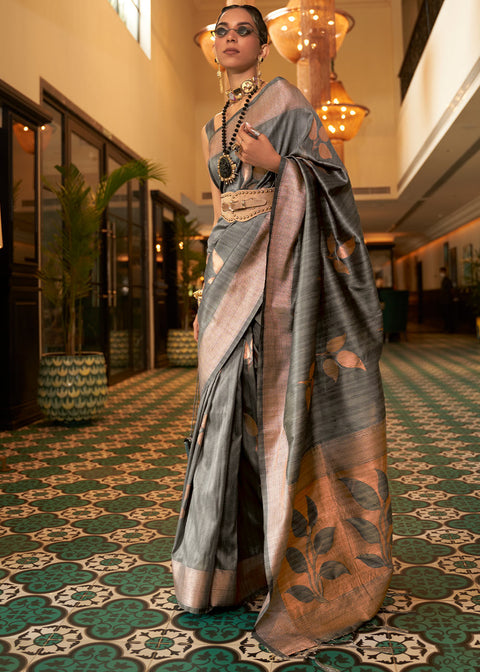 Charcoal Grey Zari Woven Handloom Weaving Silk Saree Clothsvilla Main image