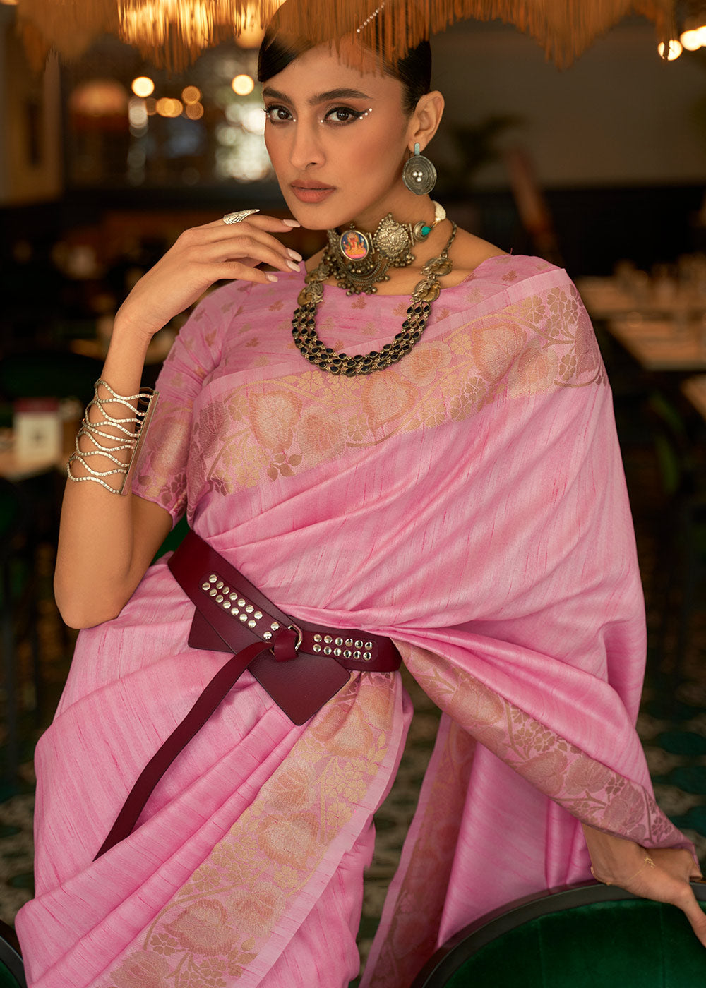 Flamingo Pink Zari Woven Tussar Silk Saree Clothsvilla