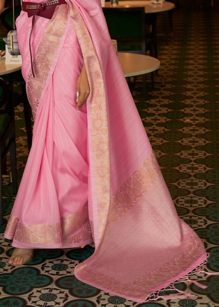 Flamingo Pink Zari Woven Tussar Silk Saree Clothsvilla