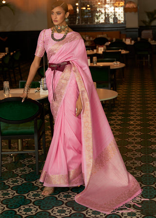 Flamingo Pink Zari Woven Tussar Silk Saree Clothsvilla