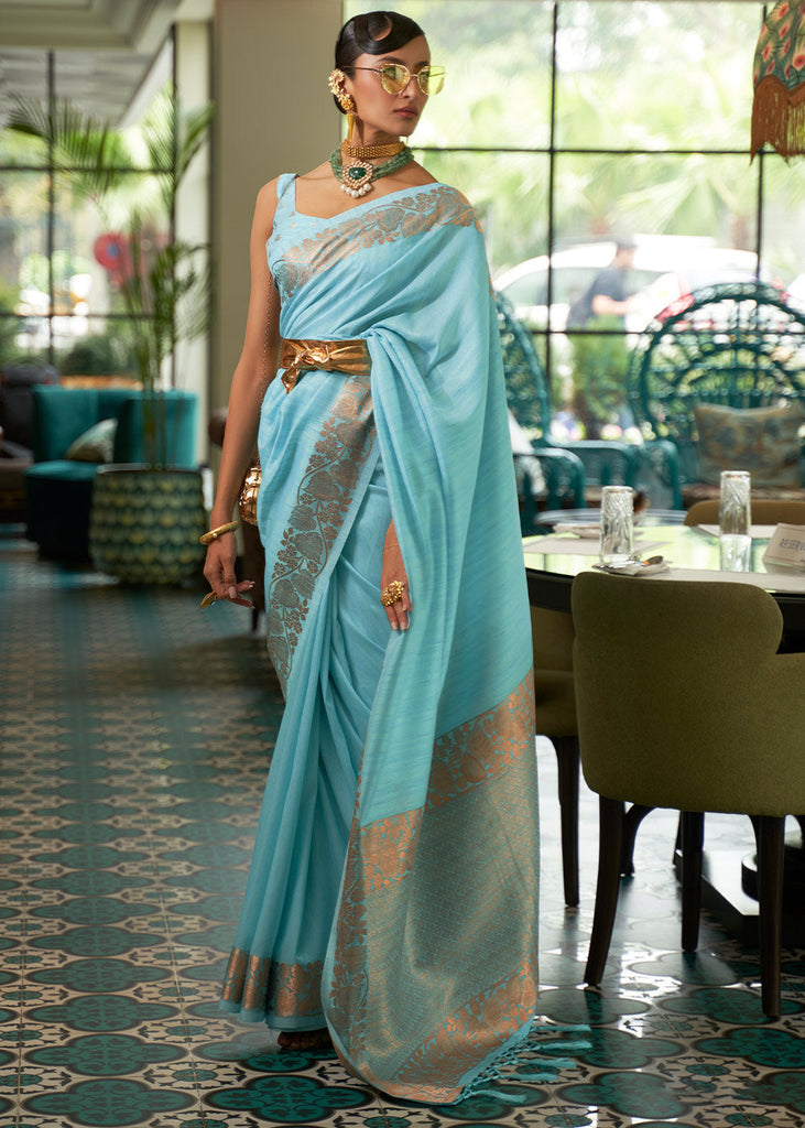 Light Olympic Blue Zari Woven Tussar Silk Saree Clothsvilla