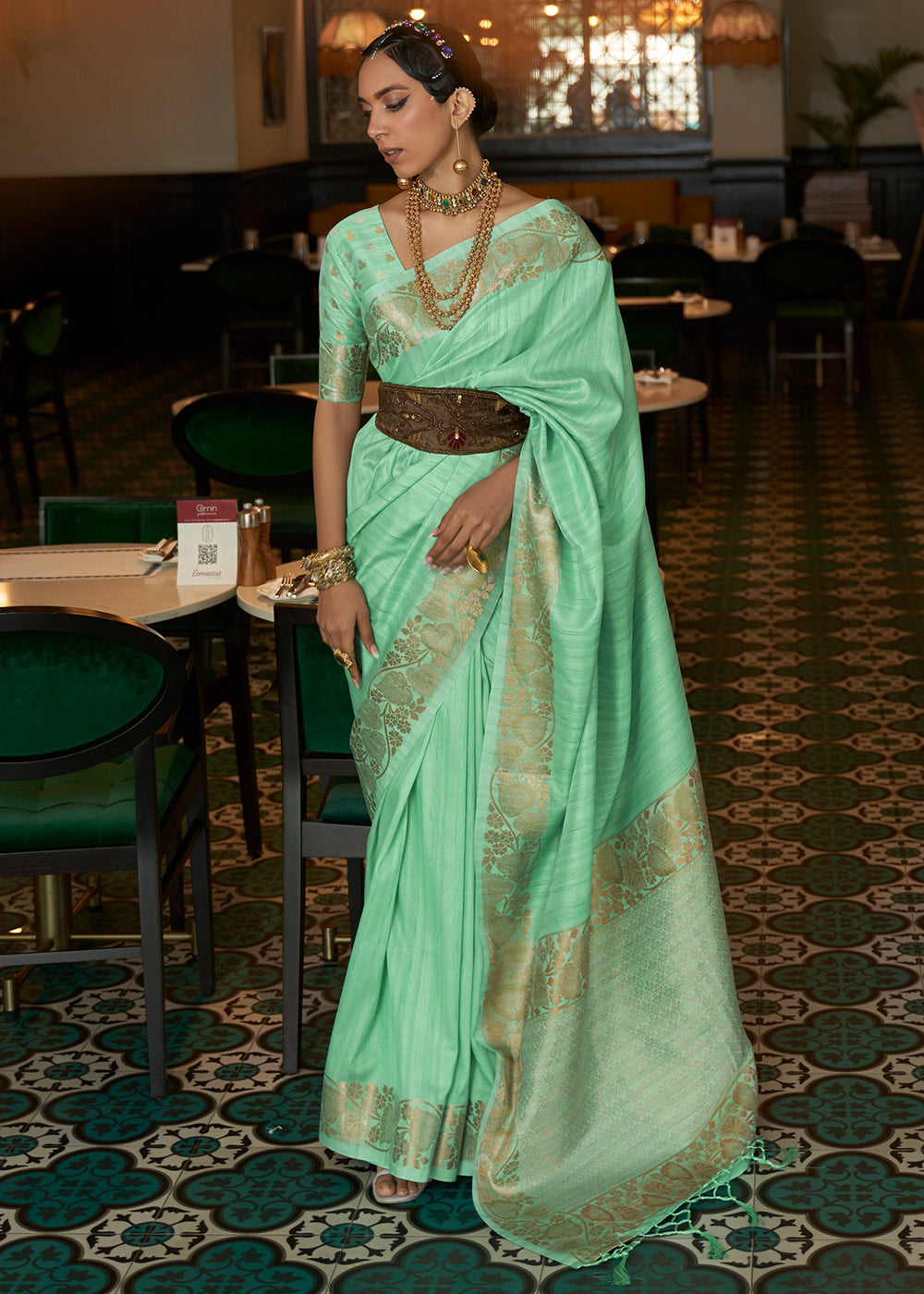 Seafoam Green Zari Woven Tussar Silk Saree Clothsvilla Main image