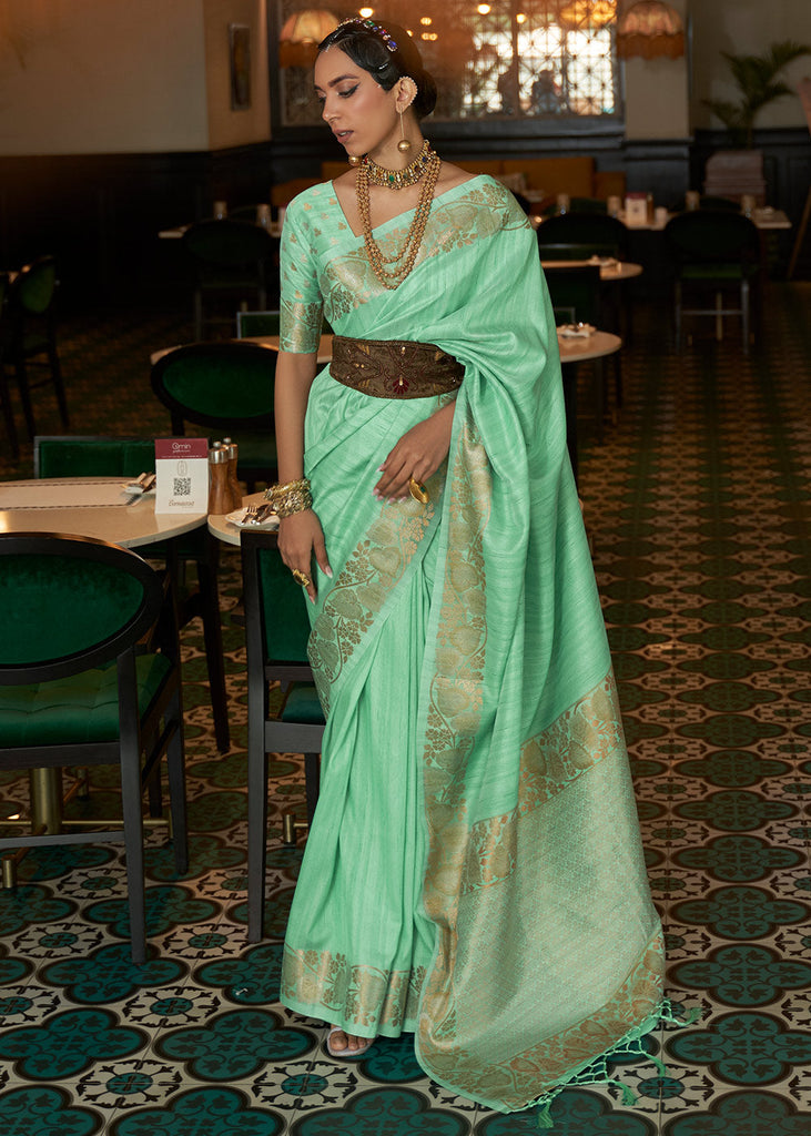 Seafoam Green Zari Woven Tussar Silk Saree Clothsvilla