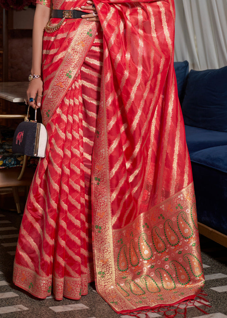 Venetian Red Two Tone Meenakari Weaving Organza Silk Saree Clothsvilla