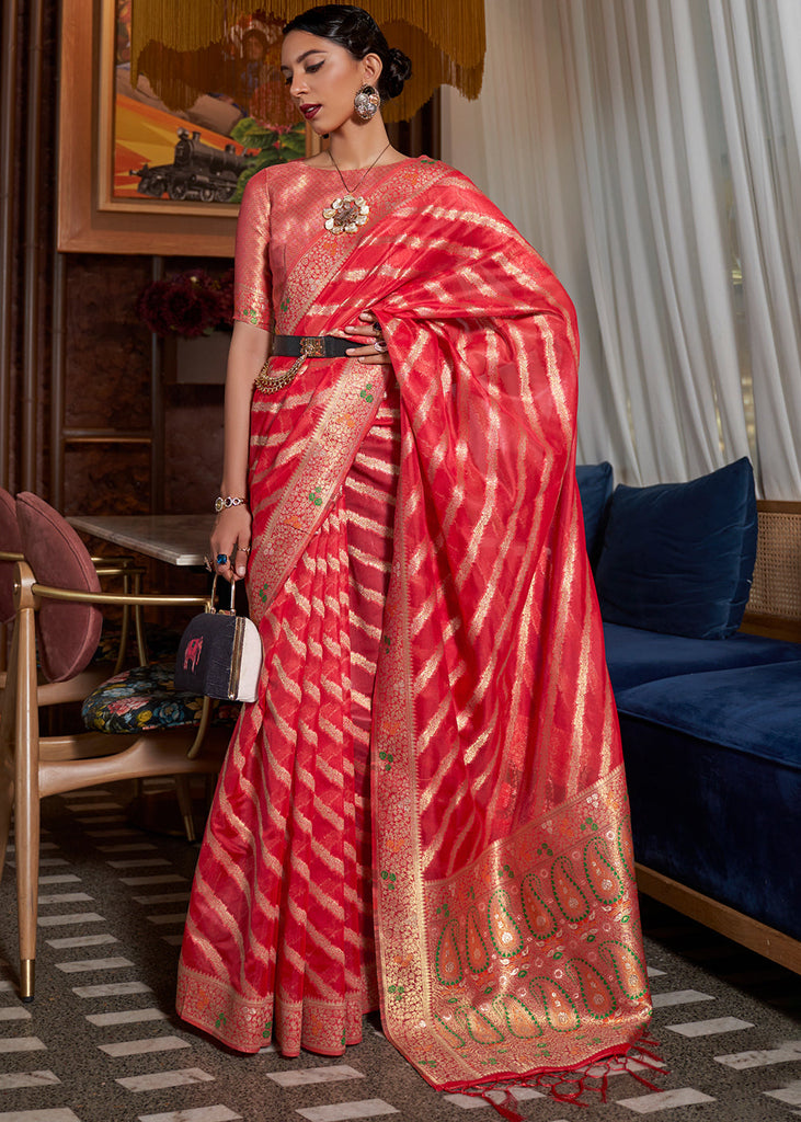 Venetian Red Two Tone Meenakari Weaving Organza Silk Saree Clothsvilla