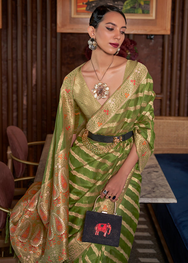Avocado Green Two Tone Meenakari Weaving Organza Silk Saree Clothsvilla