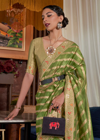 Avocado Green Two Tone Meenakari Weaving Organza Silk Saree Clothsvilla