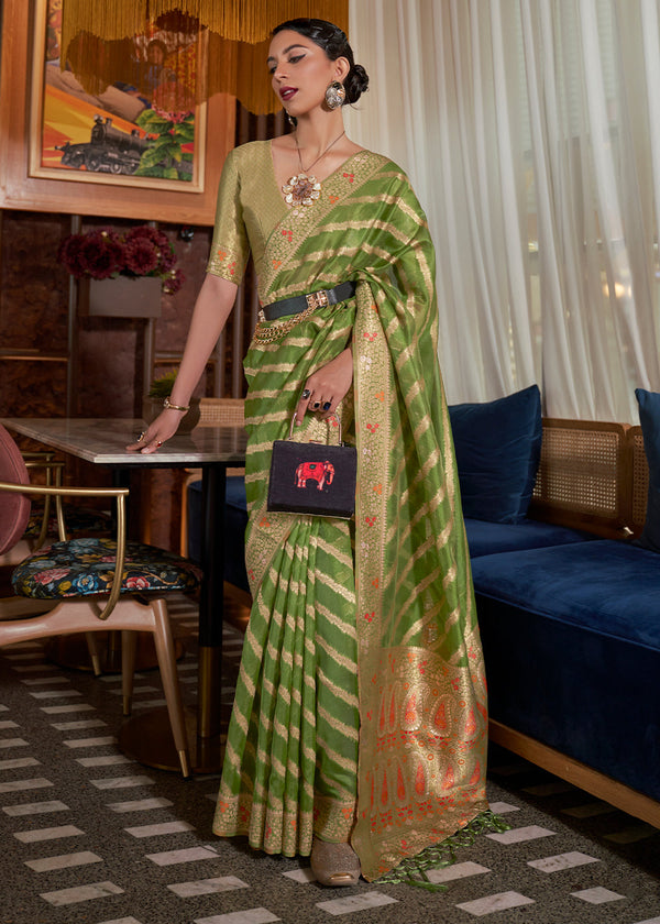 Avocado Green Two Tone Meenakari Weaving Organza Silk Saree Clothsvilla