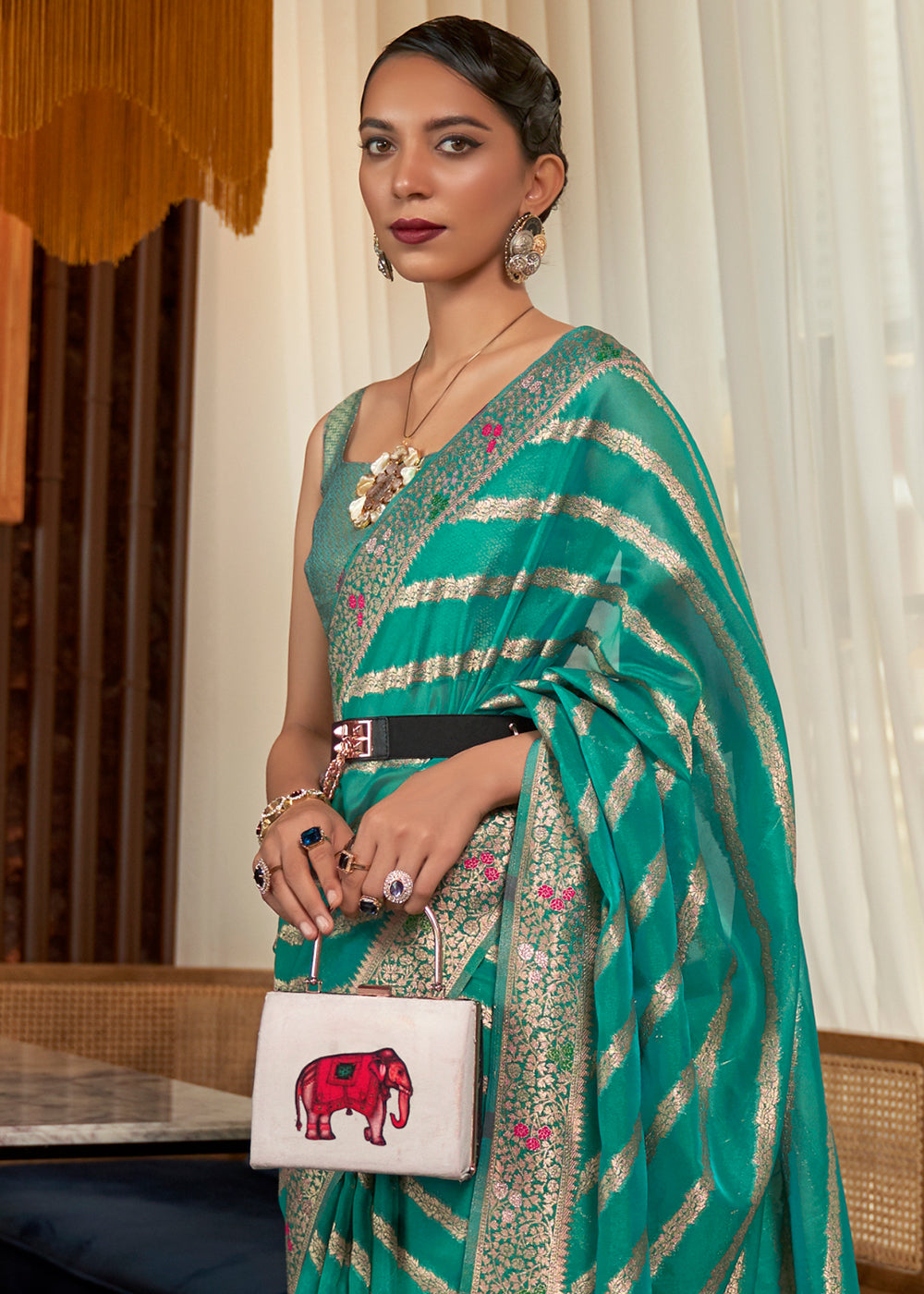 Turquoise Green Two Tone Meenakari Weaving Organza Silk Saree Clothsvilla