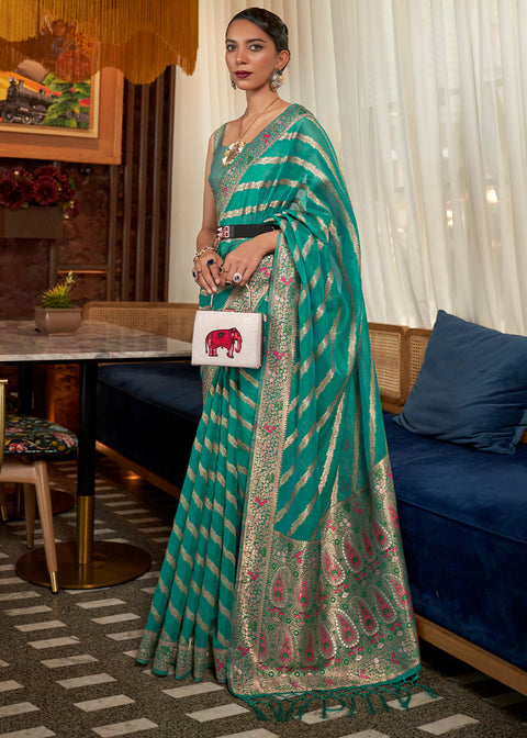 Turquoise Green Two Tone Meenakari Weaving Organza Silk Saree Clothsvilla Main image