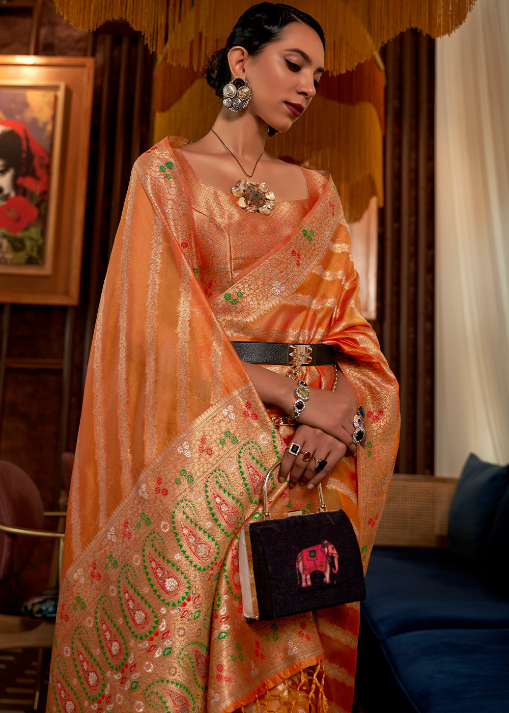 Pumpkin Orange Two Tone Meenakari Weaving Organza Silk Saree Secondary image