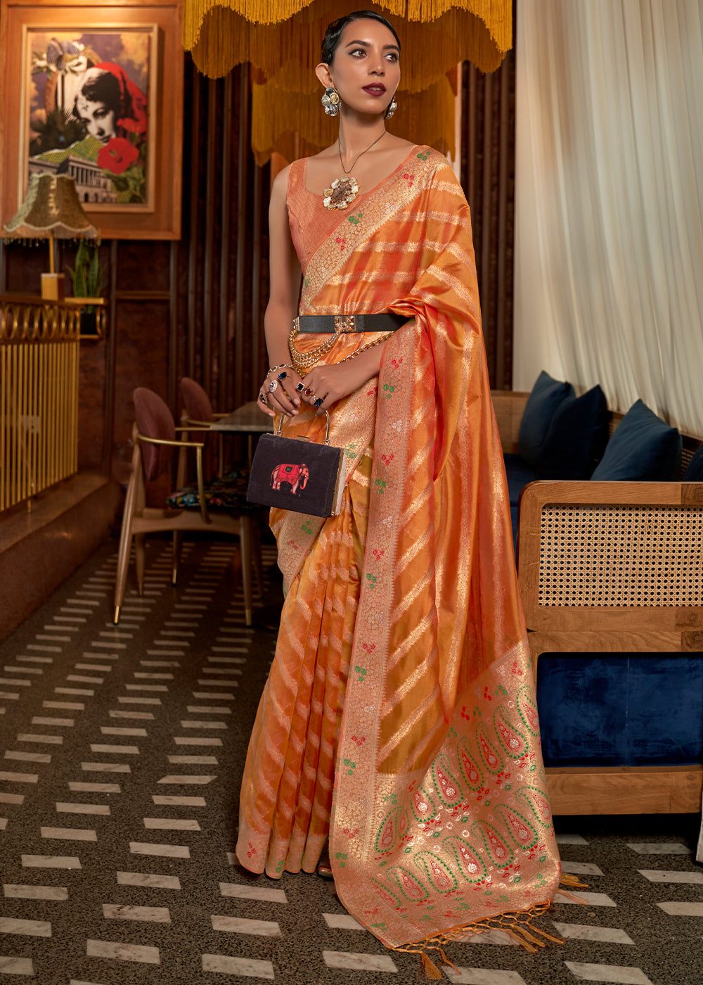 Pumpkin Orange Two Tone Meenakari Weaving Organza Silk Saree Clothsvilla Main image