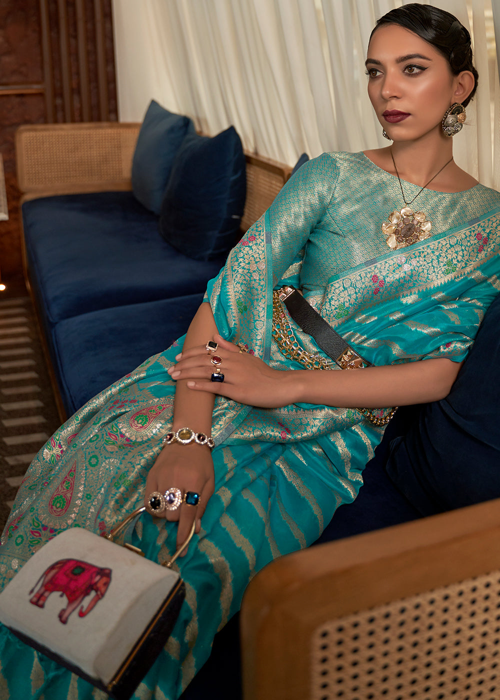 Cerulean Blue Two Tone Meenakari Weaving Organza Silk Saree Secondary image