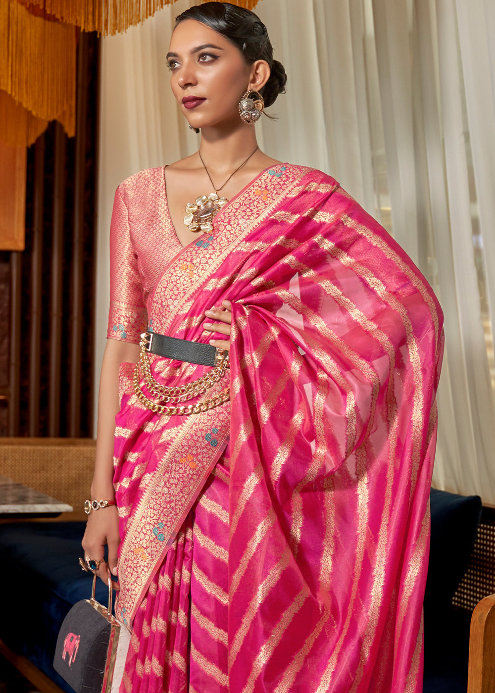 Bright Pink Two Tone Meenakari Weaving Organza Silk Saree Clothsvilla