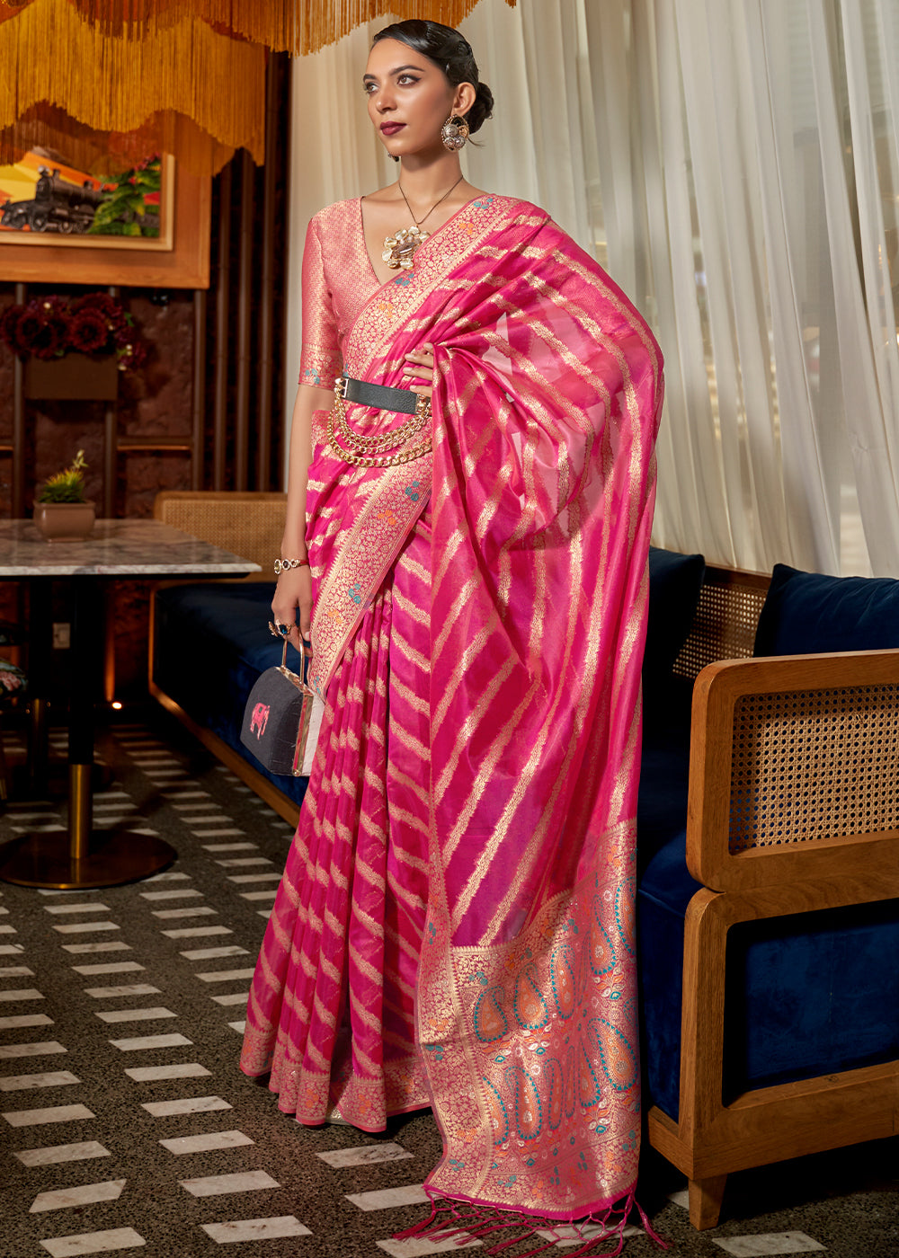 Bright Pink Two Tone Meenakari Weaving Organza Silk Saree Clothsvilla Main image