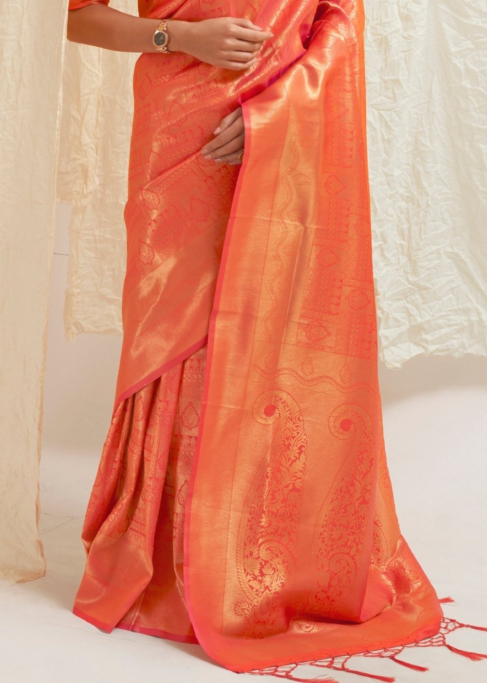 Salmon Orange & Golden Blend Kanjivaram Silk Saree Clothsvilla