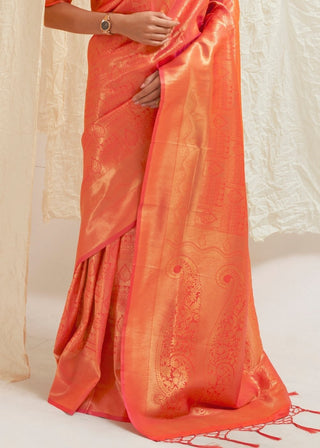 Salmon Orange & Golden Blend Kanjivaram Silk Saree Clothsvilla
