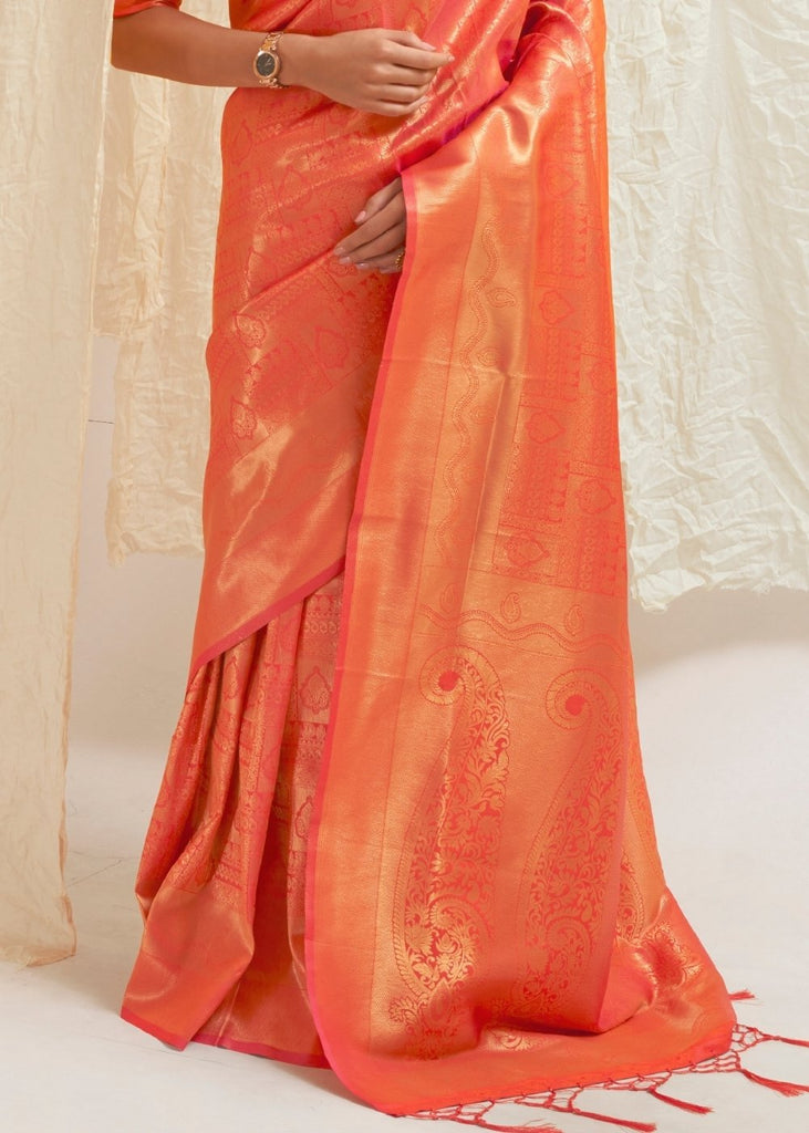 Salmon Orange & Golden Blend Kanjivaram Silk Saree Clothsvilla