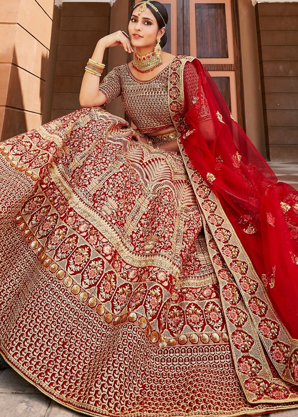 Crimson Red Velvet  Bridal Lehenga Choli with Embroidery & Hand work Clothsvilla