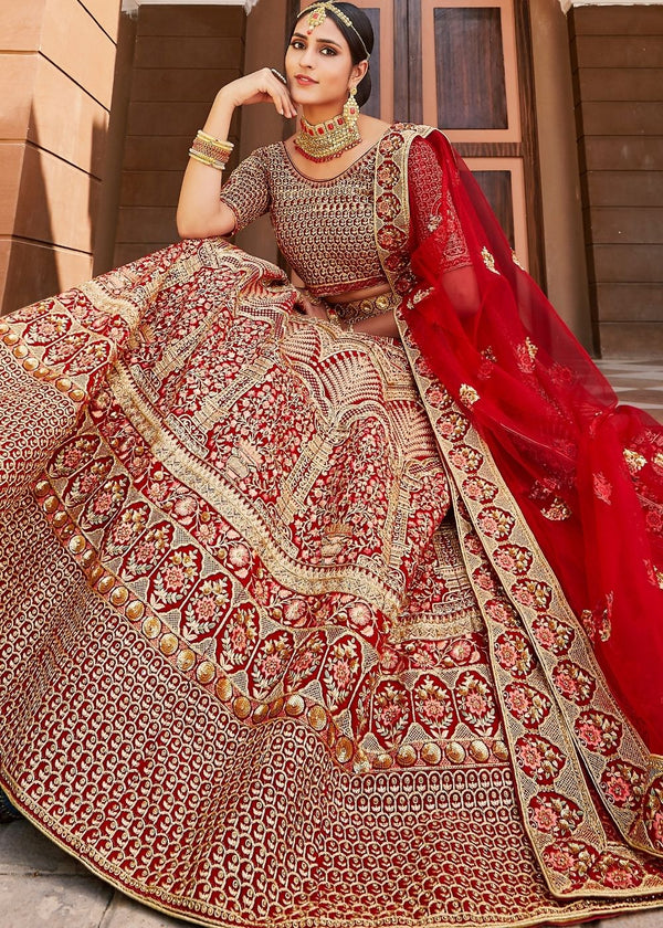 Crimson Red Velvet  Bridal Lehenga Choli with Embroidery & Hand work Clothsvilla