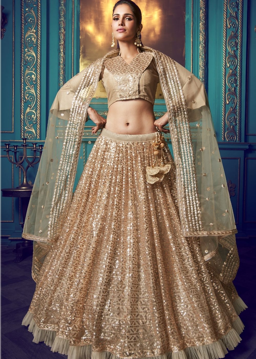 Golden Designer Soft Net Lehenga Choli with Ruffles and Sequin work Clothsvilla Main image