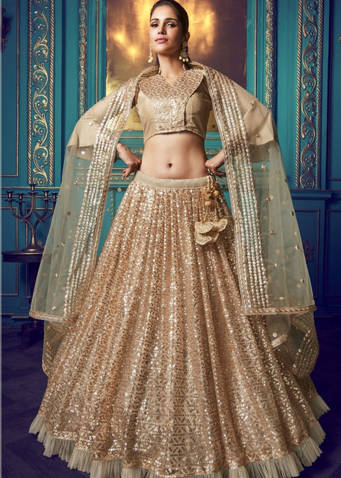 Golden Designer Soft Net Lehenga Choli with Ruffles and Sequin work Clothsvilla Main image