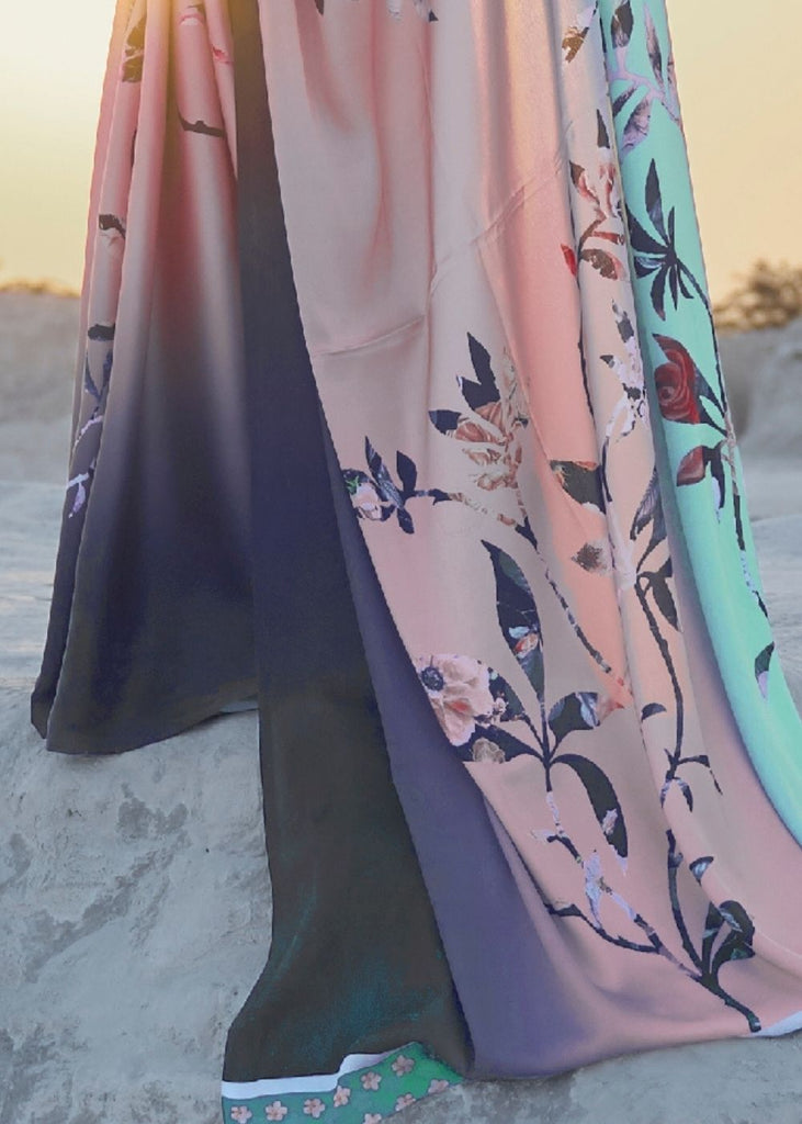 Arctic Blue and Pink Digital Printed Crepe Silk Saree Clothsvilla