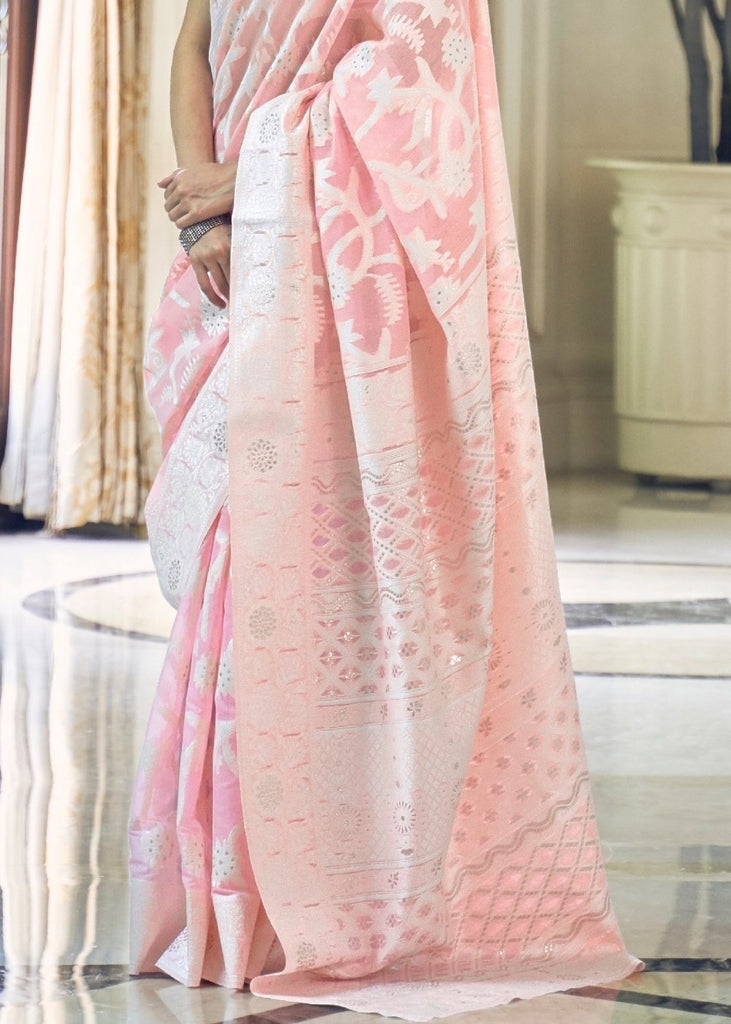 Baby Pink Lucknowi Chikankari Weaving Silk Saree Clothsvilla