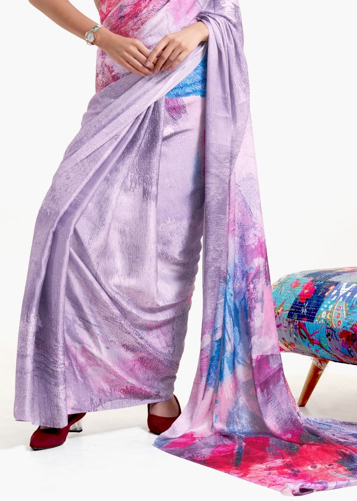 Periwinkle Purple Digital Printed Satin Crepe Saree Clothsvilla