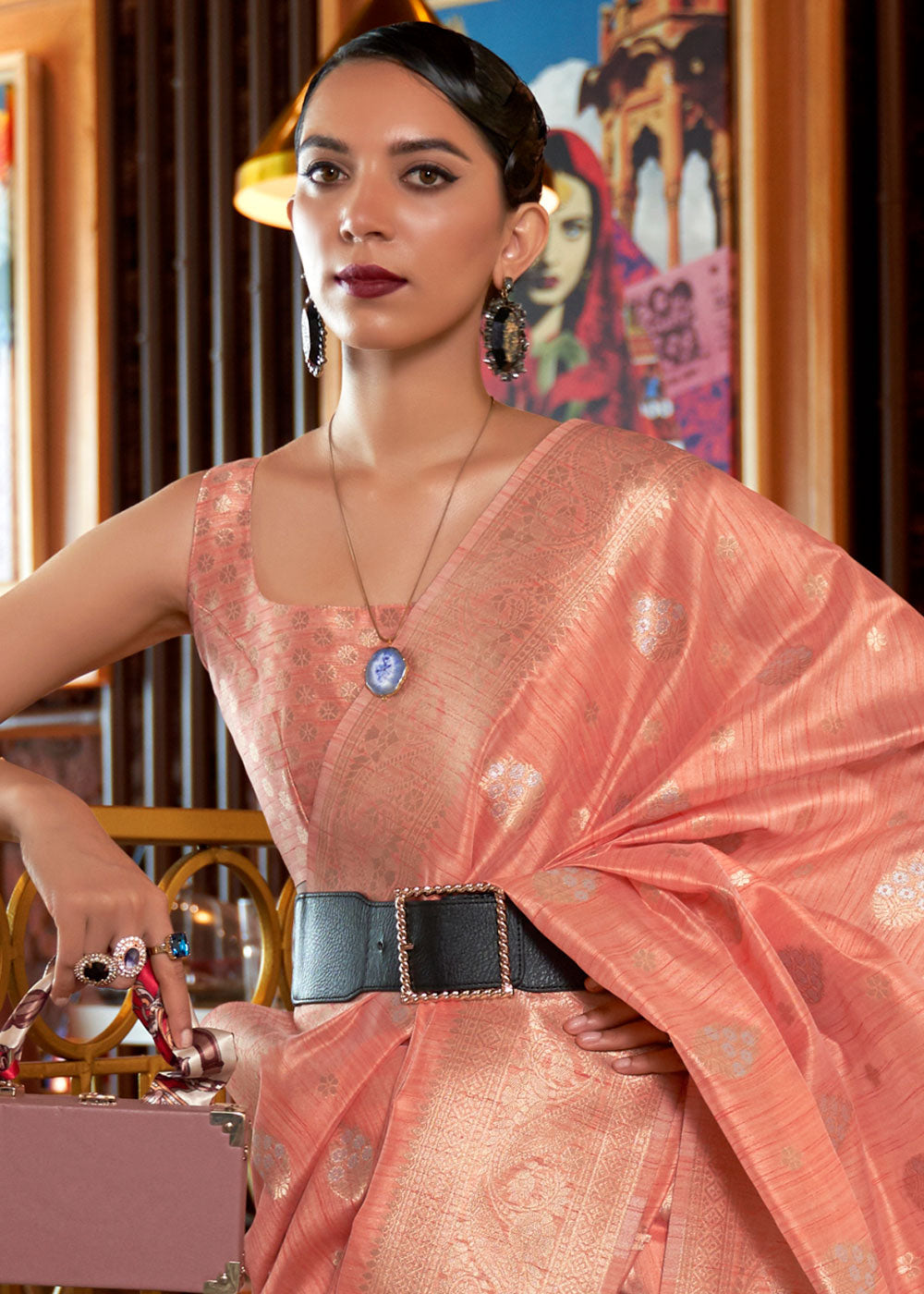 Salmon Pink Handloom Weaving Tussar Silk Saree Clothsvilla