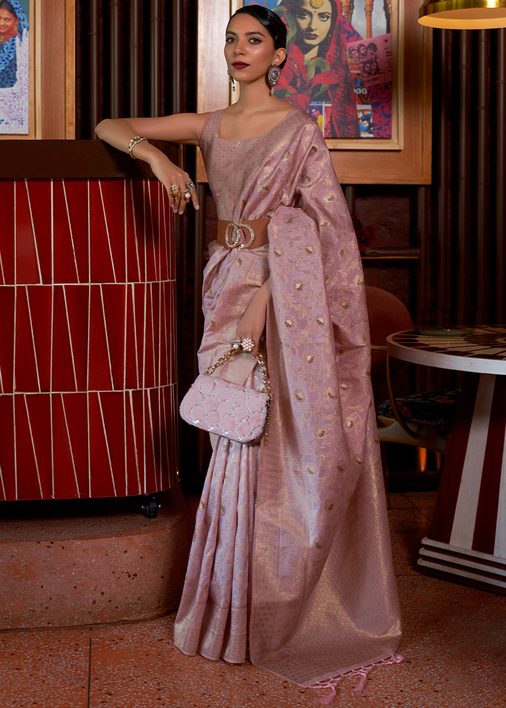 Mauve Pink Embroidered Organza Silk Saree