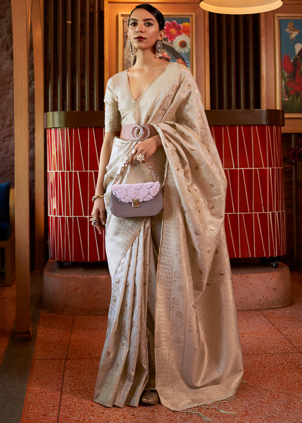 Beige Brown Woven Tussar Silk Saree Clothsvilla