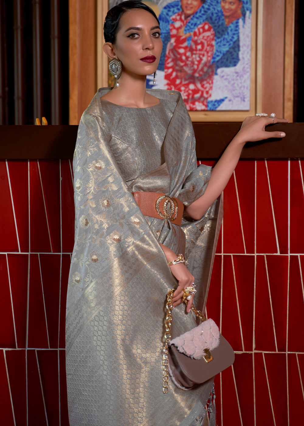 Argent Grey Woven Tussar Silk Saree Clothsvilla