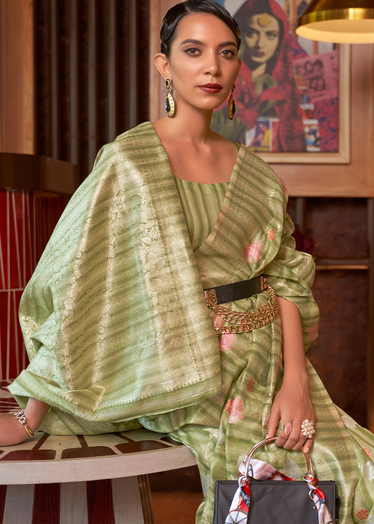 Shades Of Green Handloom Weaving Linen Silk Saree Clothsvilla