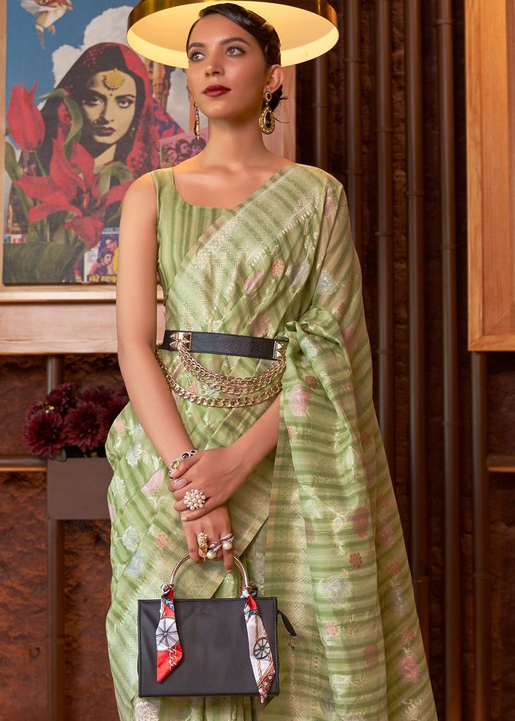 Shades Of Green Handloom Weaving Linen Silk Saree Clothsvilla