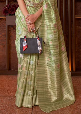 Shades Of Green Handloom Weaving Linen Silk Saree Clothsvilla