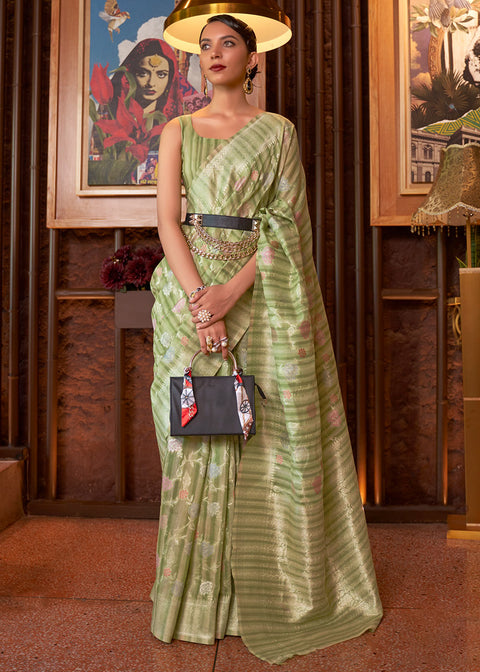 Shades Of Green Handloom Weaving Linen Silk Saree Clothsvilla Main image