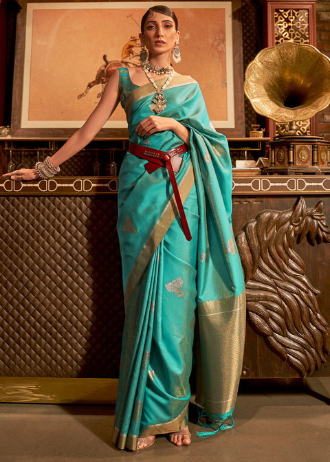 Teal Blue Copper Zari Woven Designer Silk Saree Clothsvilla Main image