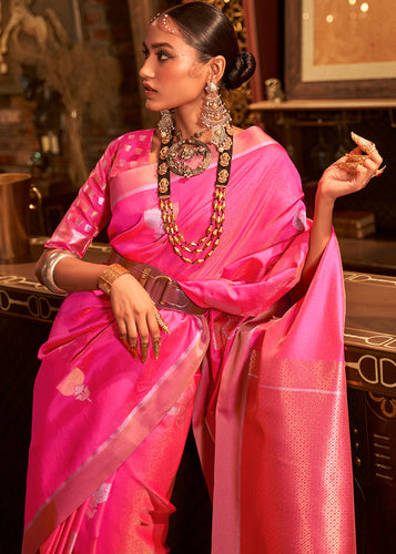 Hot Pink Copper Zari Woven Designer Silk Saree Clothsvilla