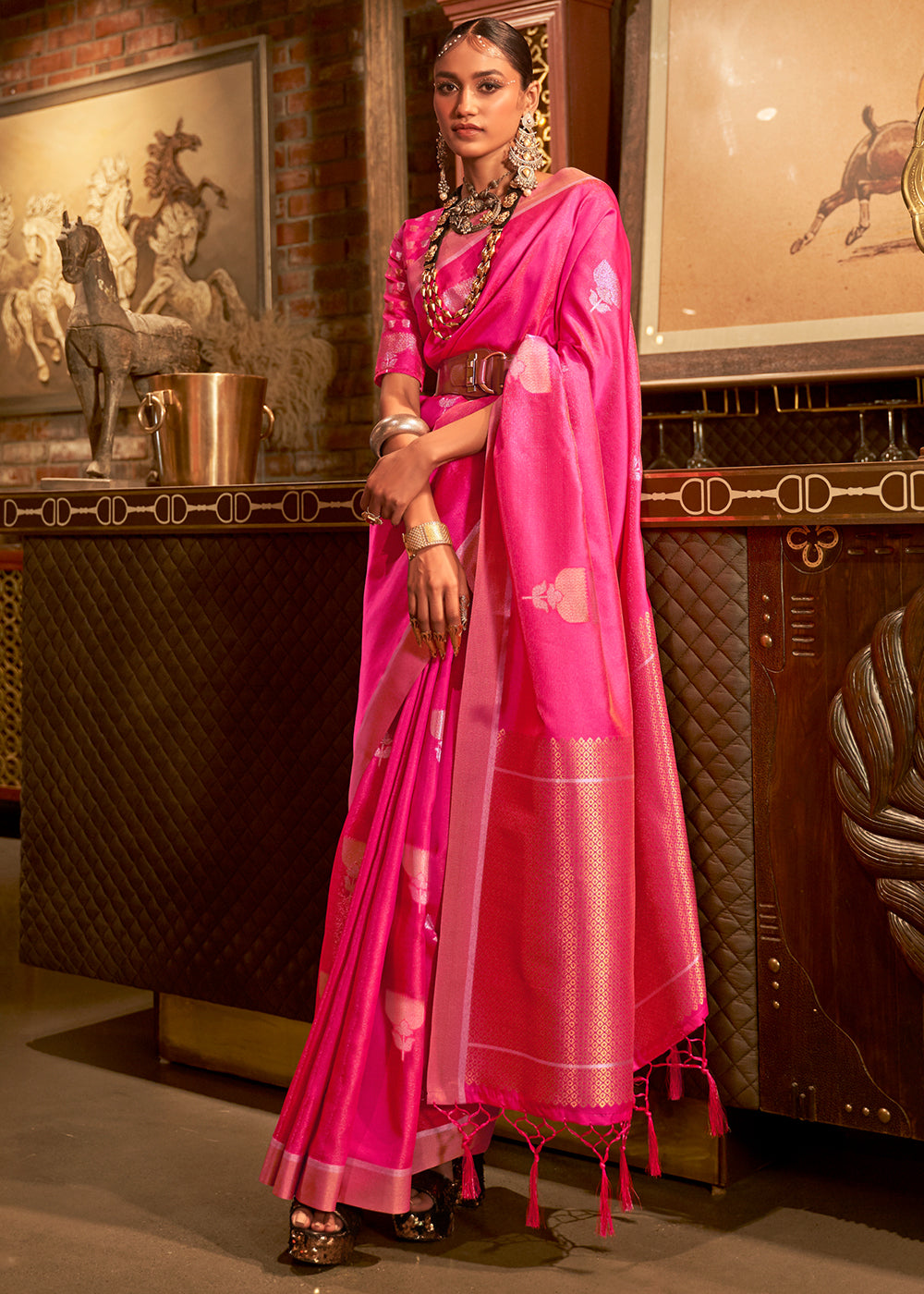 Hot Pink Copper Zari Woven Designer Silk Saree Clothsvilla Main image