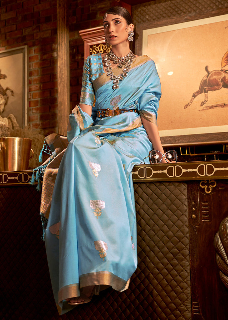 Cyan Blue Copper Zari Woven Designer Silk Saree Clothsvilla