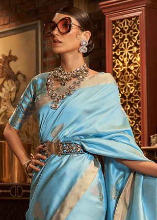 Cyan Blue Copper Zari Woven Designer Silk Saree Clothsvilla