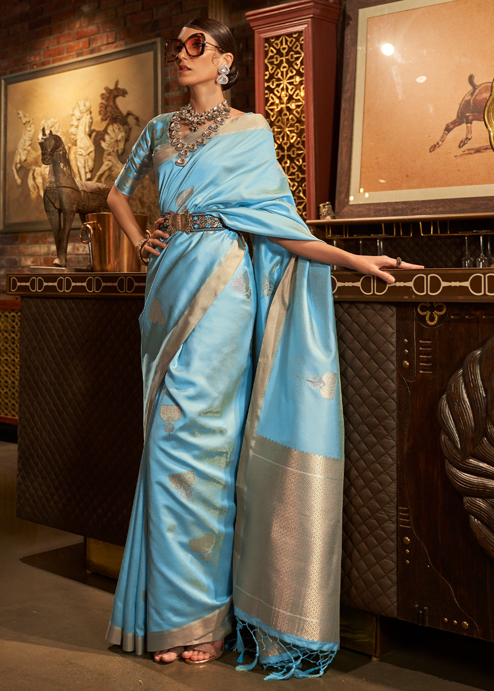 Cyan Blue Copper Zari Woven Designer Silk Saree Clothsvilla Main image