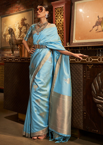 Cyan Blue Copper Zari Woven Designer Silk Saree Clothsvilla