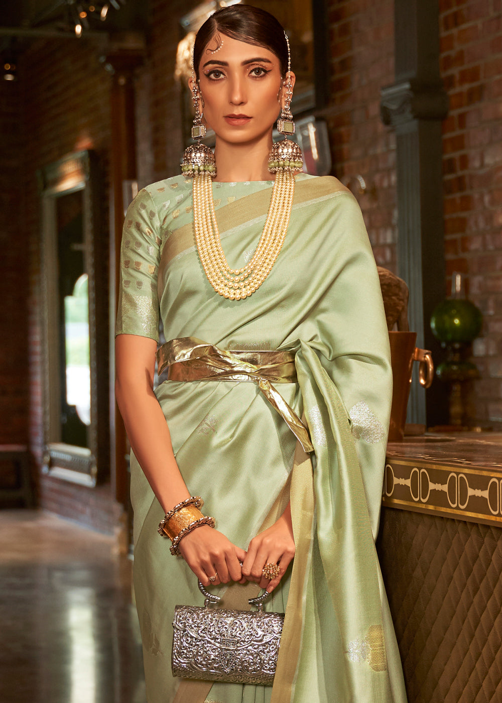 Light Green Copper Zari Woven Designer Silk Saree Clothsvilla