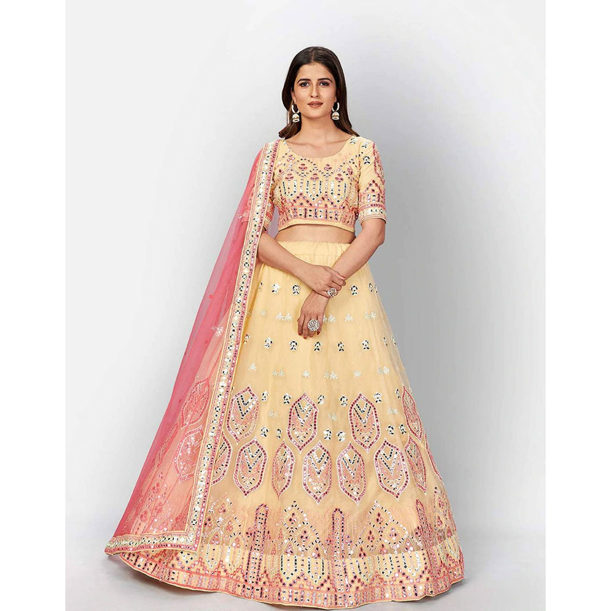 Off White Thread and Foil Mirror Cutwork Lehenga choli ClothsVilla Main image