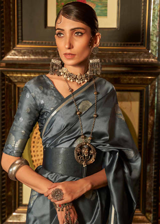 Anchor Grey Zari Woven Satin Silk Saree Clothsvilla